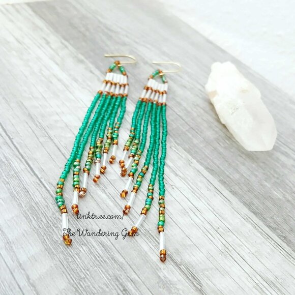 Beaded Fringe Dangle Earrings, Seed Bead Earrings, Boho Chic Statement Jewelry - Picture 5 of 10